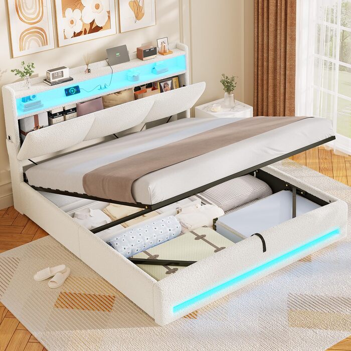 М&39яке ліжко 140x200 з розетками та світлодіодним освітленням, двоспальне ліжко з узголів&39ям для зберігання речей, ліжко 140x200 з гідравлічним металевим каркасом та дерев&39яною рейковою основою, букле, бежевий (без матраца) 140x200 см бежевий