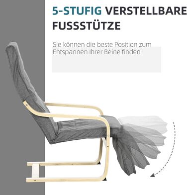Крісло HOMCOM для вітальні, крісло-реклайнер з підлокітниками з березового дерева, регульована підставка для ніг у 5 положеннях, крісло для читання з лляним виглядом, м&39яке крісло для спальні, сірий колір