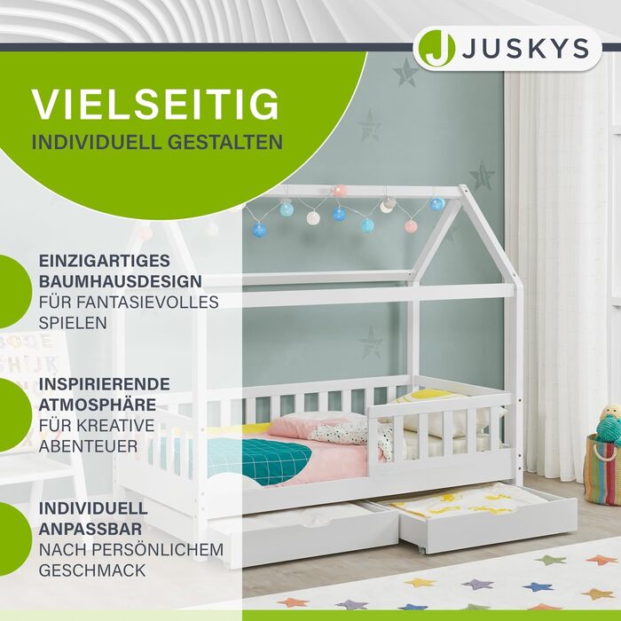 Дитяче ліжко Juskys Marli 90 x 200 см з матрацом, ящиком для ліжка, захисними поручнями, рейковою основою та дахом - Ліжко-будиночок з масиву дерева для дітей - Ліжко білого кольору
