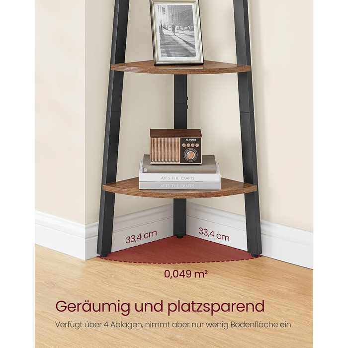 Кутова полиця VASAGLE, 4-рівнева книжкова шафа, полиця-драбина, полиця для зберігання, підставка для рослин для вітальні, промисловий дизайн, зі сталевим каркасом, вінтажний коричнево-чорний LLS34 шт. 4-рівнева (33,4Ш см) вінтажний коричневий чорний