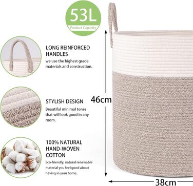 Тканий бавовняний кошик для білизни, 53L Кошик для білизни з ручкою, кошик для білизни для зберігання іграшок, кошик для білизни д