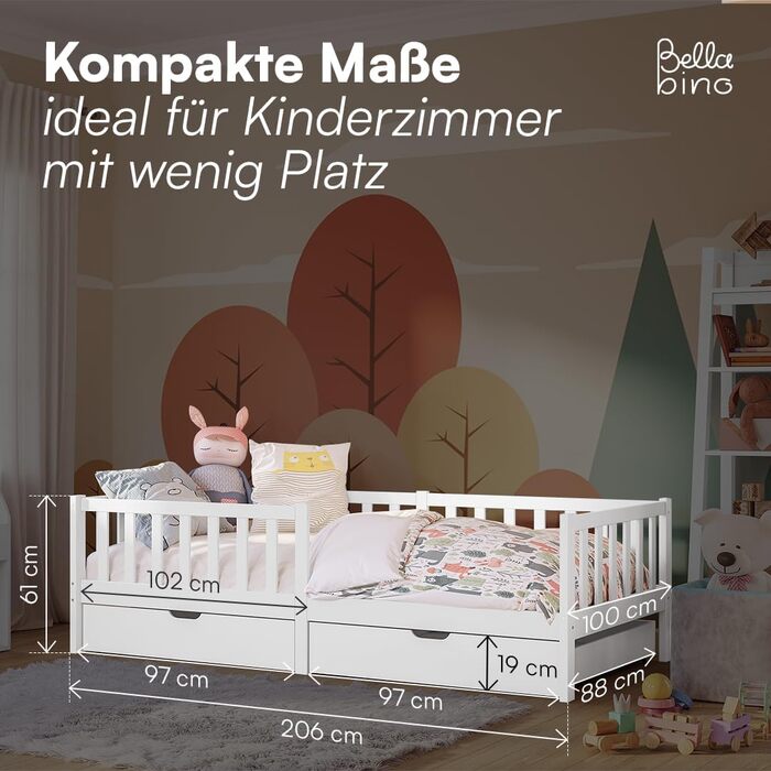 Дитяче ліжко Bellabino Vere 90x200 см Ліжко Монтессорі із захистом від падіння, рейковою основою та 2 шухлядами Дитяче ліжко з масиву сосни для хлопчиків та дівчаток Ліжко для малюків білого кольору з місцем для зберігання, біле 90x200 см з шухлядами, мат