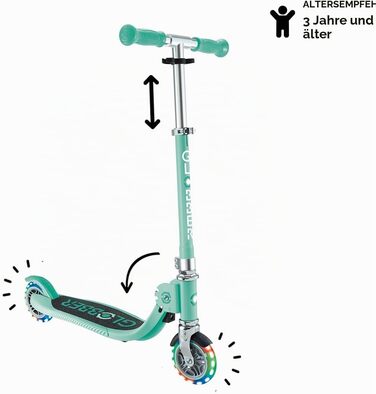 Дитячий самокат Globber Flow Foldable Junior Lights складаний, з підсвічуванням коліс та регульованим кермом, від 3 років, м'ятний