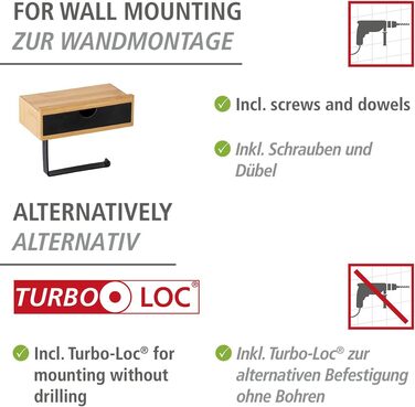 Тримач для рушників WENKO Mod. Bambusa з бамбуковою полицею та шухлядою, вкл. кріпильний матеріал, натуральний/чорний Одномісний