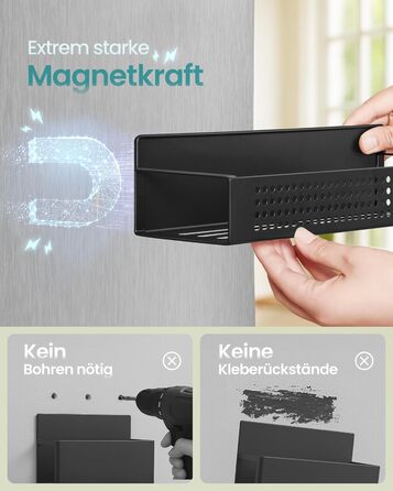 Магнітна полиця для спецій SONGMICS, набір з 4 шт. , 2 великі та 2 малі полиці, органайзер для спецій без свердління, магнітна полиця, для кухні, холодильника, мікрохвильової печі, пральної машини, чорний колір KCS061B01, легована сталь чорного кольору