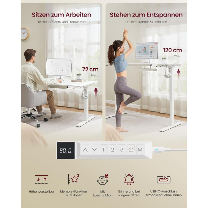 Стіл VASAGLE з регульованою висотою, 160 x 80 см, порт USB-C, подовжувач для зберігання, стіл для роботи стоячи, нагадування про тривале сидіння, 3 кнопки пам&39яті, для офісу, матово-білий LSD146WZ02 160 x 80 см матово-білий