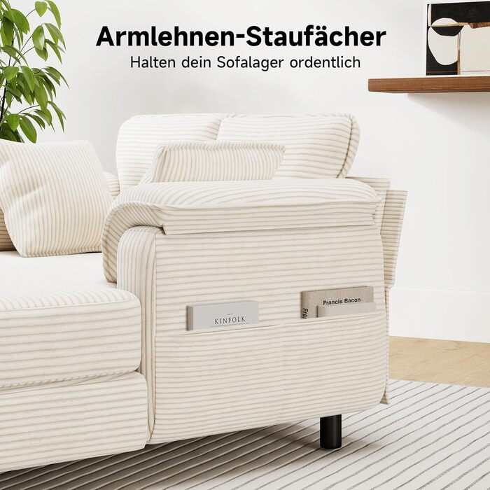 Диван-ліжко Winlice 140x150 см завширшки, двомісний вельветовий шезлонг-ліжко для гостей з 4 кишенями для зберігання речей та 2 подушками, що прається та нековзне, каркас з дерева та заліза, бежевий Диван-ліжко з вельвету Диван-ліжко з вельвету бежевого к