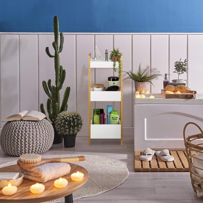 Полиця для ванної кімнати Relaxdays з 3 кошиками, окремостояча полиця з бамбука та МДФ, ВxШxГ 74,5 x 28 x 20 см, кухонна полиця, натуральний/білий колір, інженерна деревина