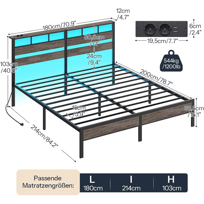 Ліжко HOOBRO 180 x 200 з рейковою основою, двоспальне ліжко з узголів&39ям, світлодіодне освітлення, зарядна станція (2AC, 2USB-A), каркас ліжка 180 x 200 см, металеве ліжко для спальні/гостьової кімнати, антрацит EBC80CDBF01 180 x 200 x 103 см