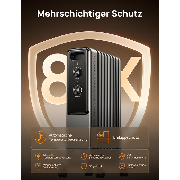 Масляний радіатор Dreo з 9 ребрами, тихий електричний обігрівач потужністю 2000 Вт для спальні, захист від перегріву та перекидання, регульований термостат, блокування від дітей, енергозбереження