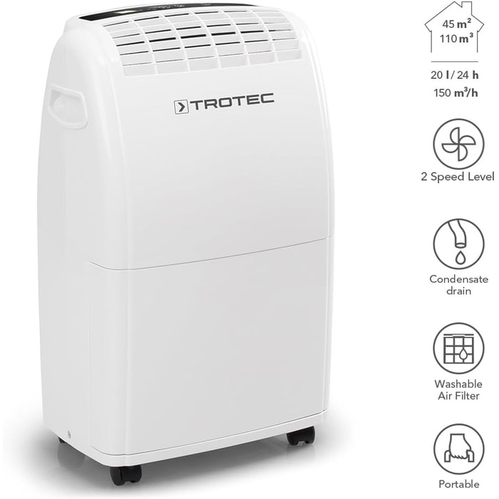 Осушувач повітря TROTEC TTK 75 E електричний  продуктивністю 20 л/добу на площу 45 м / 110 м з автоматичним відключенням