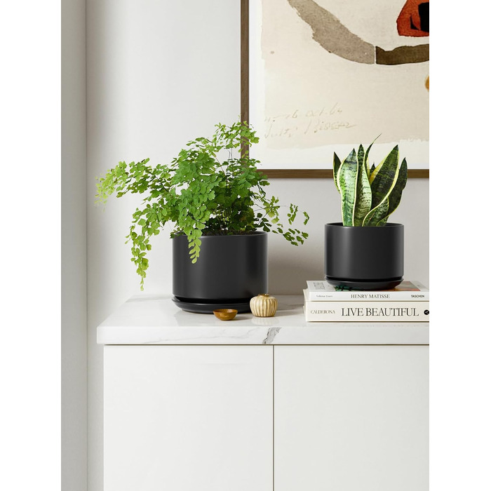 Набір з 3 керамічних квіткових горщиків, діаметром 111317 см, набір для невеликих кашпо, квітковий горщик для кімнатних рослин з блюдцем та дренажним отвором, чорний