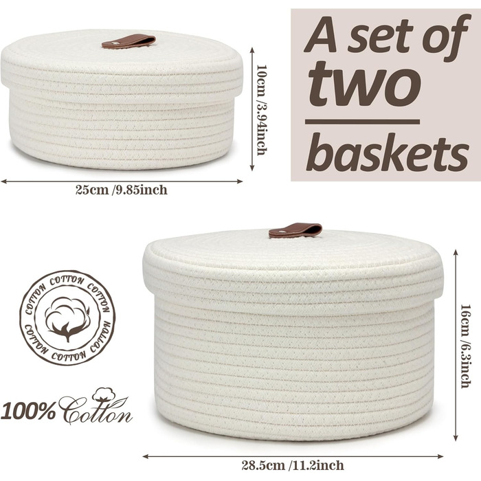 Набір із 2 кошиків для зберігання з кришками, маленький, органайзер для пеленального столика, місце для зберігання косметики, аксесуари для ванної кімнати, білий