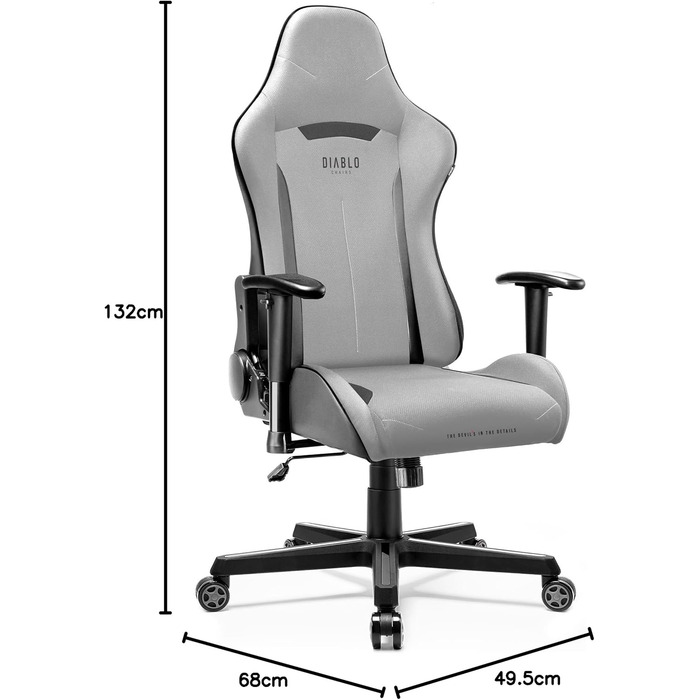 Геймерське крісло Diablo X-Starter Ергономічне ігрове крісло з тканинною оббивкою, регульованими підлокітниками, механізмом нахилу, вантажопідйомність до 136 кг Ігрове настільне крісло, ігрове офісне крісло Сірий 132 см x 68 см x 49,5 см