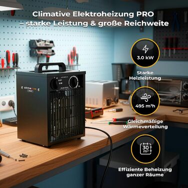 Електричний вентилятор-обігрівач 3 кВт з термостатом, IP24 EH-3 PRO, обігрівач для майстерні, 495 м/год, радіатор, обігрівач для гаража, обігрівач для будівництва, енергозберігаючий вентилятор-обігрівач