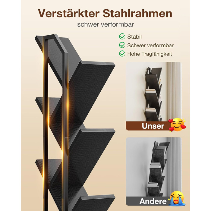 Книжкова полиця Coleshome у формі дерева, 6-ярусна окремостояча полиця, дерев&39яна книжкова полиця зі світловою стрічкою, підходить для вітальні та спальні, чорна