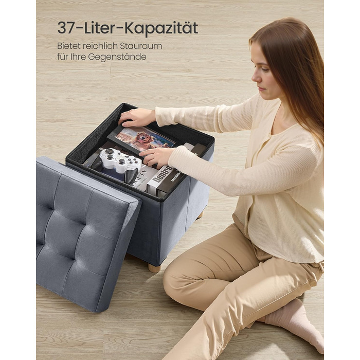 Пуф для зберігання SONGMICS, складний, 38 x 38 x 40 см, коробка для зберігання з кришкою, пуф для ніг 37 л, оксамит, вантажопідйомність до 300 кг, передпокій, вітальня, спальня, сірий сланцевий колір LSF0516G01 38 x 38 x 40 см сірий сланцевий колір