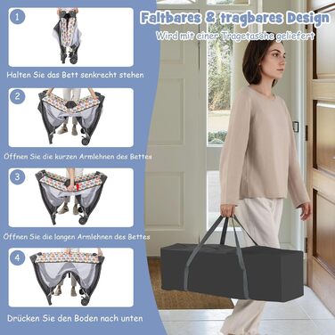 Дитяче ліжечко FANTASK 4-в-1 зі складним матрацом, пеленальний столик та балдахін, дорожнє ліжечко на колесах, сумка для перенесення, портативне тумбочки з ігровою аркою та музичний мобіль для малюків до 36 місяців