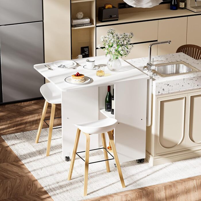 Мобільний розкладний стіл, розкладний обідній стіл на колесах, розкладний стіл з 1 великою шафою та 1 відкритим відділенням, мобільний обідній стіл для невеликих приміщень, їдальня, кухня, 120 x 70 x 78 см, білий, 120x70x78 см, білий