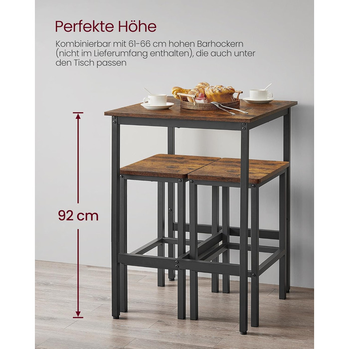 Барний стіл VASAGLE, Стіл для роботи стоячи, Кухонний стіл, Високий, зі сталевим каркасом, 60 x 60 x 92 см, Легке складання, для кухні, вітальні, Індустріальний дизайн, Вінтажний коричнево-чорний LBT25 шт. 60 x 60 x 92 см Вінтажний коричневий чорний