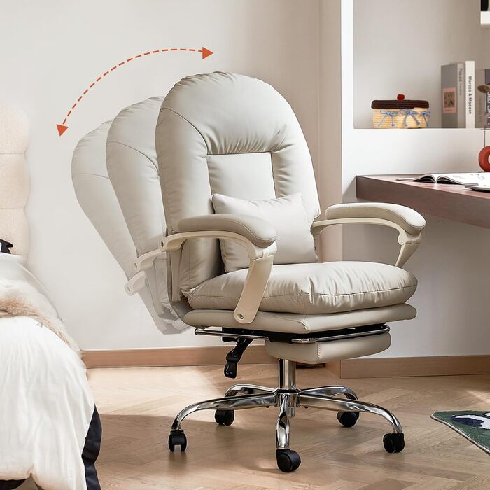 Ергономічне офісне крісло EMIAH з підставкою для ніг, регульоване стільце зі штучної шкіри, зручне сучасне косметичне крісло з колесами, миле комп&39ютерне крісло із середньою спинкою для дому, вантажопідйомність до 150 кг, бежева штучна шкіра