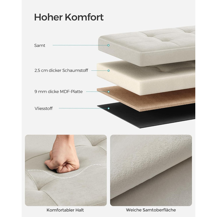 Пуф для зберігання SONGMICS, Складана лавка, 38 x 110 x 38 см Пуф для ніг, Коробка для зберігання, Вантажопідйомність до 300 кг, для вітальні, спальні, коридору, кремово-білий LSF277W01 Кремово-білий 110B см