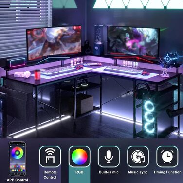 Г-подібний ігровий стіл зі світлодіодним освітленням та розетками, кутовий стіл 140x140 см, двосторонній комп&39ютерний стіл з полицею для монітора, 4 полиці та бічні кишені для домашнього офісу та офісу, чорний, 140x140x85 см