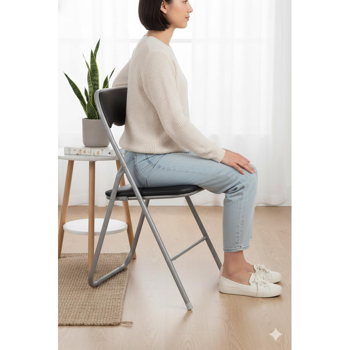 Складані стільці, комплект з 2 шт. , М&39які складні стільці з металевим каркасом та штучною шкірою, компактні, вантажопідйомність до 100 кг, ідеально підходять як кухонні та садові стільці, сріблясто-чорні