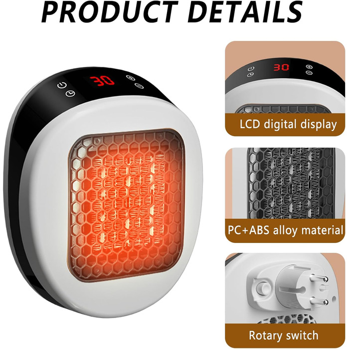 Настінний обігрівач для домашнього використання з пультом дистанційного керування, міні-керамічний вентилятор-обігрівач, 600 Вт, 15-32 , таймер 1-12 годин, система термостата, тихий нагрів з низьким рівнем шуму (білий)