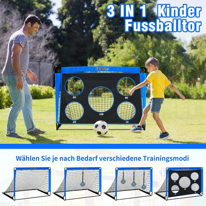 Футбольні ворота, стіна-мішень для дітей, вуличні футбольні ворота для дітей зі стіною-мішенню, висувні ворота 3-в-1 з 5 лунками для стрільби та сумкою для перенесення, кілки для землі, 3 мішені та 6 перешкод, сині