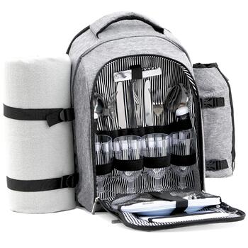 Рюкзак для пікніка CampFeuer з 32 предметів Набір для пікніка для 4 осіб Сірий з тримачем для пляшок, ковдрою для пікніка, відділенням для холодильника та посудом для кемпінгу Рюкзак для відпочинку, рюкзак для кемпінгу