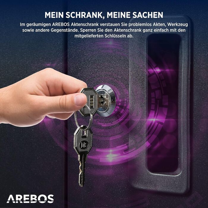 Картотечна шафа Arebos, офісна шафа, шафа для зберігання, шафа для матеріалів, сталева шафа Полиця з регульованою висотою 90x90x40 см чорного кольору