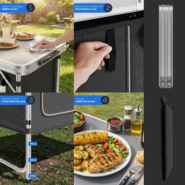 Складана кемпінгова кухня, алюмінієва шафа для кемпінгу з регульованою висотою, дорожня кухня з робочою поверхнею та відділеннями для зберігання, для кемпінгу на свіжому повітрі, включаючи сумку для перенесення 120x47x70, чорна, Praia, 24MOVE