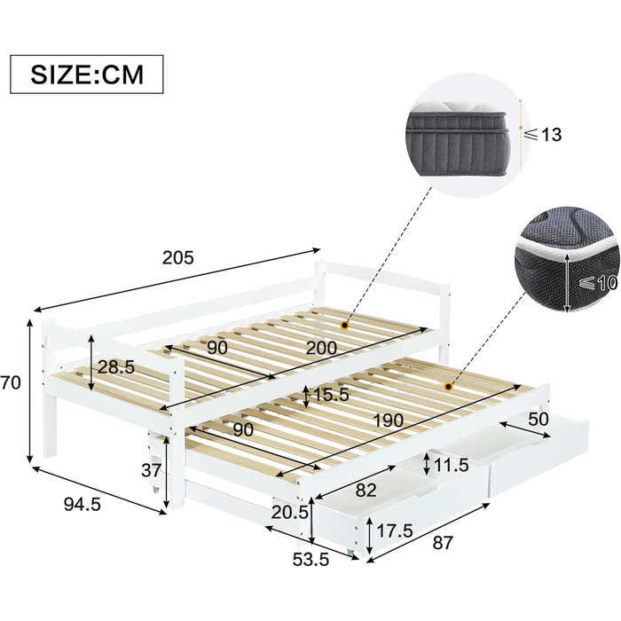 Диван-ліжко Merax 90x200 см, кушетка з 2 шухлядами, дитяче ліжко, функціональне ліжко з рейковою основою, висувне односпальне та двоспальне ліжко, каркас з масиву дерева, для дівчаток та хлопчиків, біле висувне ліжко 90 x 200 см
