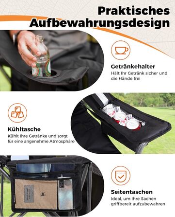 Крісло для кемпінгу KingCamp, складне, міцне, для дорослих, висота 205 кг, складні кемпінгові крісла, з регульованою поперековою опорою, сумкою-холодильником та підлокітниками, висока спинка, садове крісло, риболовля M - чорний сучасний