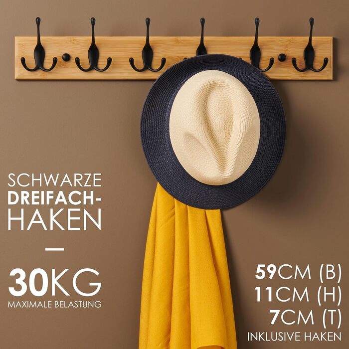 Гачки для одягу дерево - вішалка дерев'яна з 6 гачками чорного кольору - 59 см - гачки для одягу настінні - настінна вішалка для п