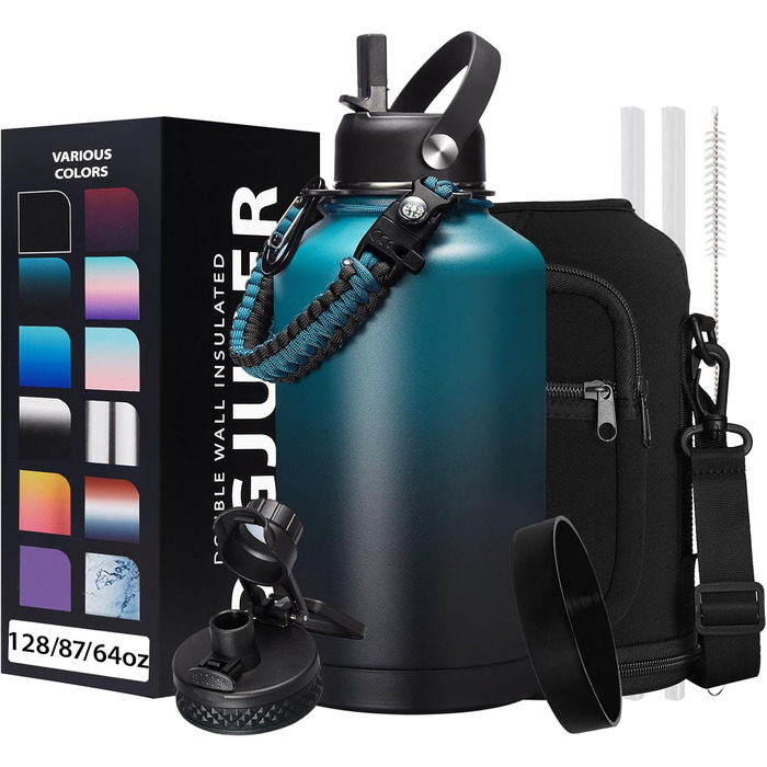 Ізольована пляшка для води з соломинкою - 1,8-літрова колба-термос з нержавіючої сталі з соломинкою для носика, кришкою, паракордо