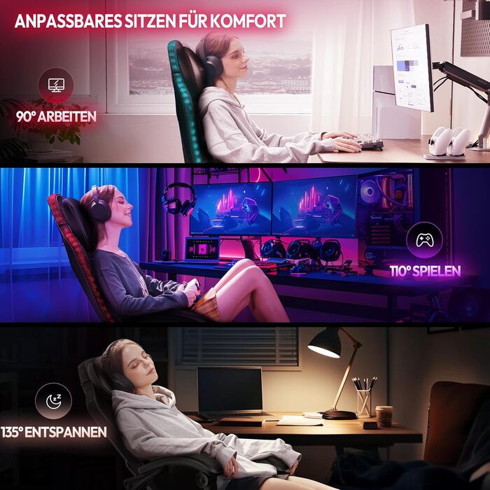 Ігрове крісло Dowinx з RGB-підсвічуванням, світлодіодне ігрове крісло з підставкою для ніг для дорослих, ергономічне ігрове крісло з масажною поперековою опорою, крісло для відеоігор зі штучної шкіри чорного кольору