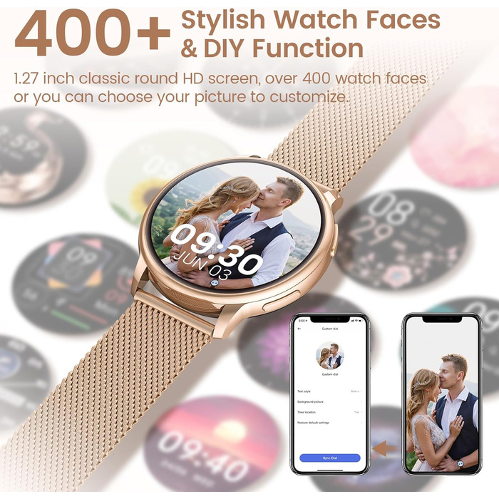 Жіночий смарт-годинник RUXINGX з функцією телефону, 1,32-дюймовий HD Full Touch екран, наручний годинник з монітором серцевого ритму SpO2, монітором менструального циклу, монітором сну, крокоміром, трекером калорій, фітнес-трекером, IP68, сумісний з iOS/A