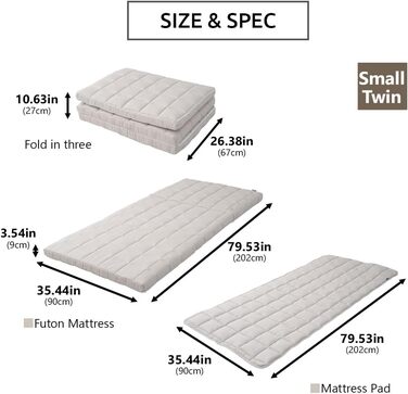 Матрац-футон EMOOR, японський, триразовий, з наматрасником, 90 x 202 см, сірий, з кільцями, складаний, можна прати, гостьове ліжко для сну на підлозі, татамі 90 x 202 см, розкладний тип з подушкою (сірий)