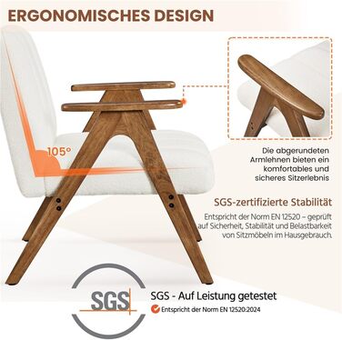 Крісло Yaheetech з вигнутою спинкою з тканини букле, крісло для відпочинку з підлокітниками, крісло з дерев&39яними ніжками для вітальні/спальні, м&39яке крісло під телевізор, міцний каркас, вантажопідйомність до 136 кг, білий колір