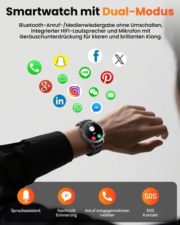 Чоловічий військовий смарт-годинник з акумулятором 1000 мАг, 1,7-дюймовий HD смарт-годинник/світлодіодний ліхтарик/водонепроникність IP68/пульсометр/SpO2/монітор сну/100 спортивних режимів, фітнес-годинник для iOS Android чорний