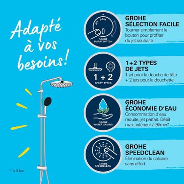 Душовий набір GROHE Vitalio 250 без змішувача, водозаощадний (8 л/хв), лійка з 2 режимами струменя, штанга 104 см, круглий, хром, 26989001