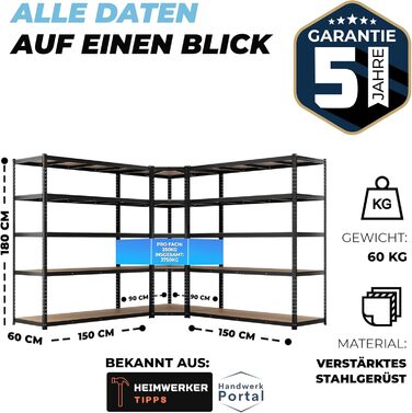 Кутовий стелаж ALL Premium Heavy Duty 180x90x60 см 2 шт. 180x150x60 см, чорний - вантажопідйомність 3750 кг стабільний окремостоячий кутовий стелаж, універсальна система стелажів, ідеально підходить для підвалів та складів. 180x90x60 см 2 шт. 180x150x60 с