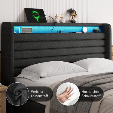 Ліжко FEONASE 140x200 з місцем для зберігання, М&39яке ліжко 140x200 см зі світлодіодним освітленням та зарядною станцією, Каркас ліжка з гідравлічним та лляним узголів&39ям, місцем для зберігання, Рейкова основа, Матрац не входить до комплекту, Темно-сір