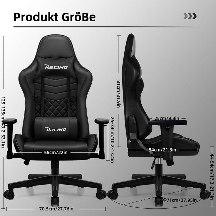 Геймерське крісло, офісне крісло з регульованою поперековою подушкою, підлокітниками та підголівником, функція гойдання ігрового крісла до 170, ігрове крісло зі зручними подушками сидіння, ігрове крісло вантажопідйомністю 150 кг