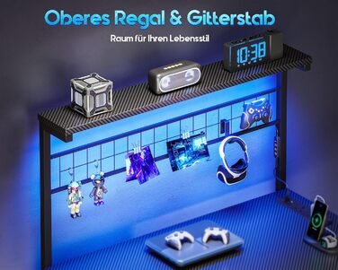 Ігровий стіл Coleshome зі світлодіодним підсвічуванням, 130 x 100 см, двосторонній ігровий стіл з шухлядами та розетками, кутовий стіл з відділенням для зберігання та полицями, чорний колір з вуглецевого волокна 130 x 100 см, чорний колір з вуглецевого во