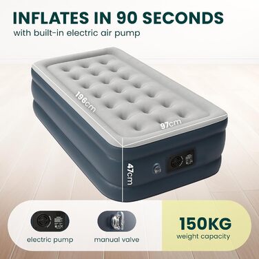 З вбудованим електричним насосом - Самонадувальний надувний матрац з сумкою для зберігання - Водонепроникний та міцний кемпінговий надувний матрац для використання в приміщенні та на вулиці, односпальне ліжко, чорний
