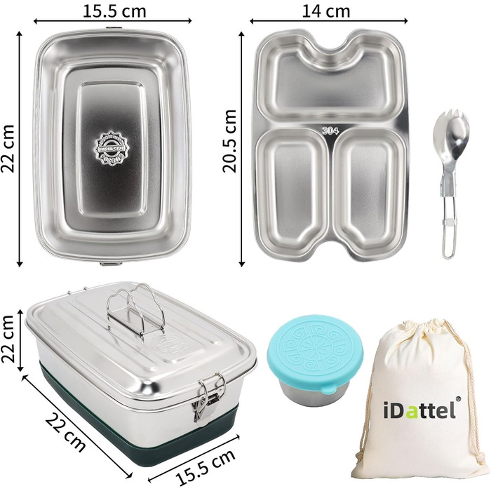 Ланчбокс iDattel з нержавіючої сталі, 2000 мл герметичний контейнер для обіду з роздільниками та силіконовою прокладкою, без BPA. Ідеально підходить для пікніків, школи, роботи. Металевий ланчбокс з текстильним чохлом для дорослих та дітей.