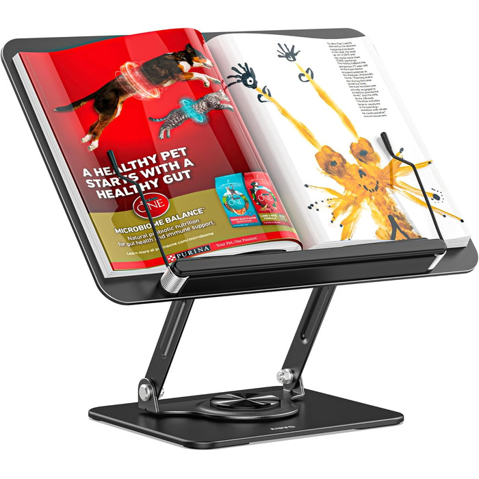 Підставка для читання та роботи з ноутбуком, ергономічний тримач для книг, регульована конструкція з еластичними затискачами для нот, рецептів, планшетів, чорний колір, 01